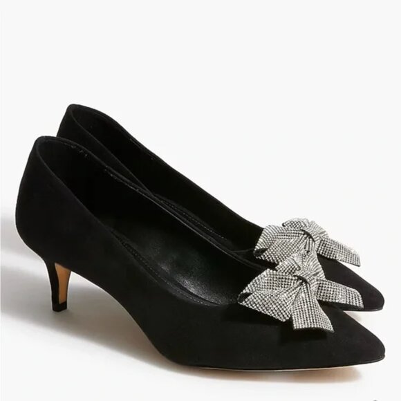 J. Crew Women's Black ESME Rhinestone Crystal Bow Kitten Heels 6 NEW - Picture 1 of 7